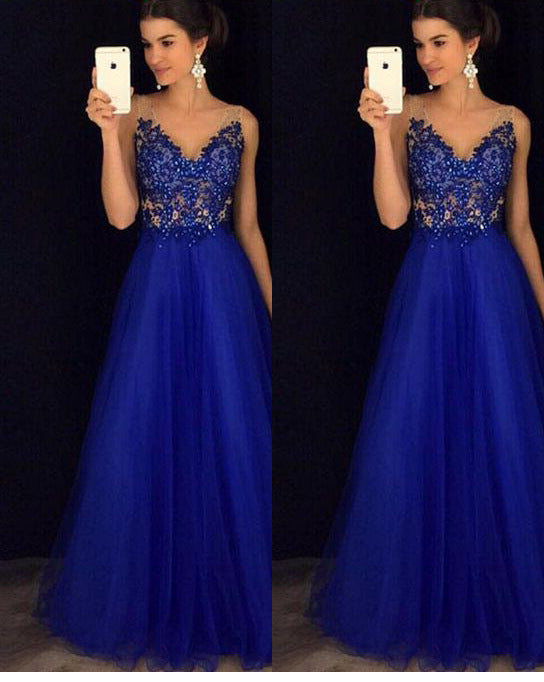 Blue Backless Beaded Ball Elegant Long Dress