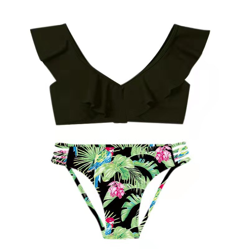Girls Split Swimwear Leaf Print Fashion Swimsuit