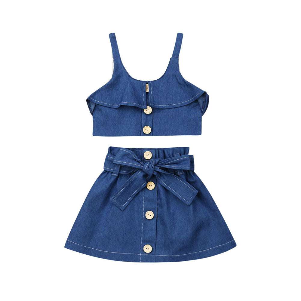 Girls suspender skirt Wooden Button Halter top 2pc Set