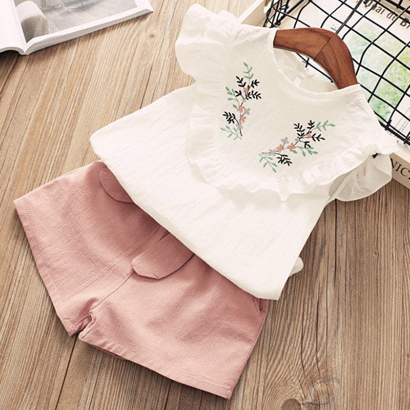 Girls Short Sleeve Casual Shirt And Short Dress Suit