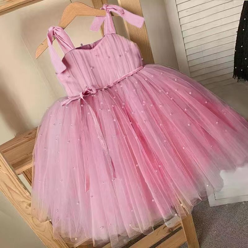 Girls Lace-up Pearl Mesh Pettiskirt Dress