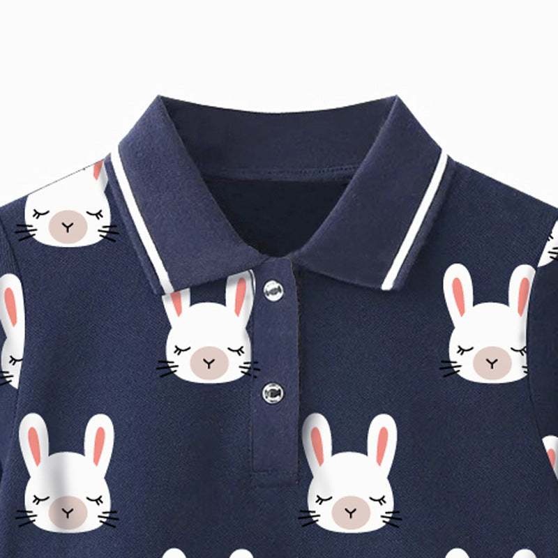 Girls Bunny Long-sleeved Printing Collar Dress