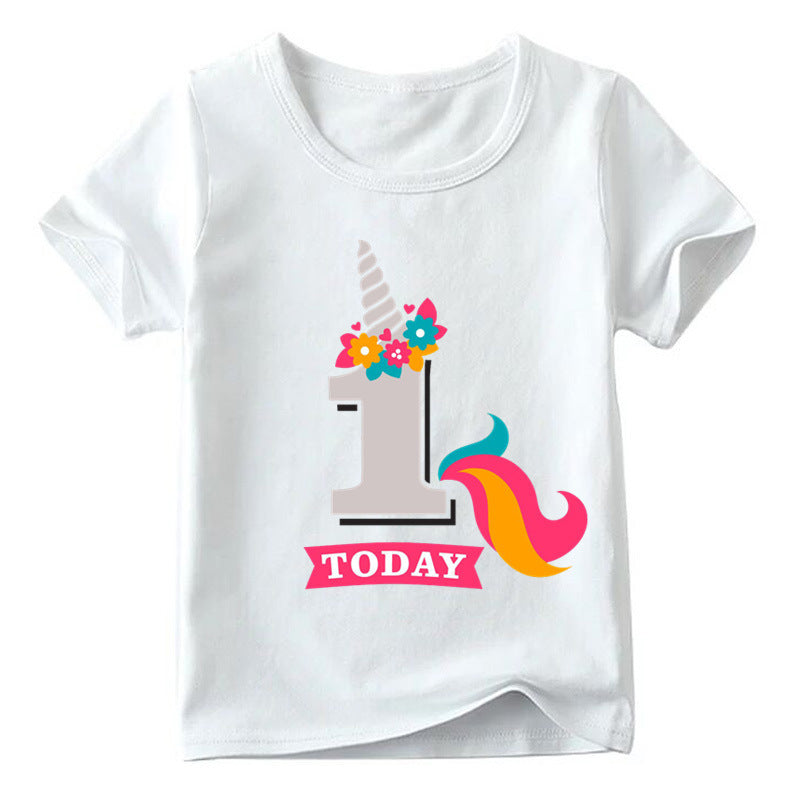 Children's Age 1-9 Birthday Printed Round Neck Short-sleeved Shirt
