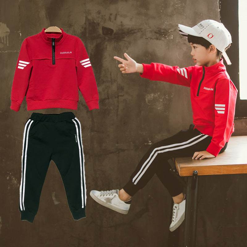 Boys leisure sports set with red long-sleeve pullover and black trousers, suitable for ages 8 and above, ideal for spring and autumn.