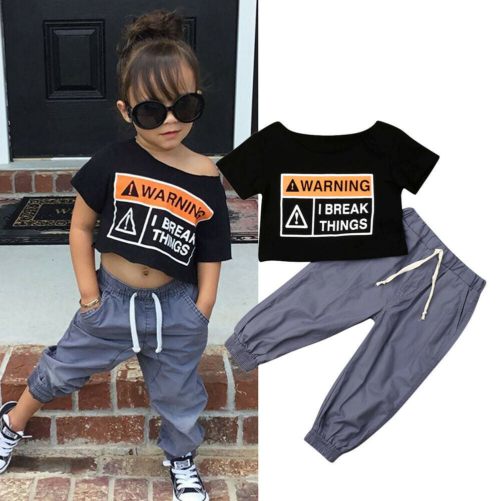 Children's summer cotton pants set with letter print design, suitable for ages 3-8, black, short-sleeve top and tethered pants.