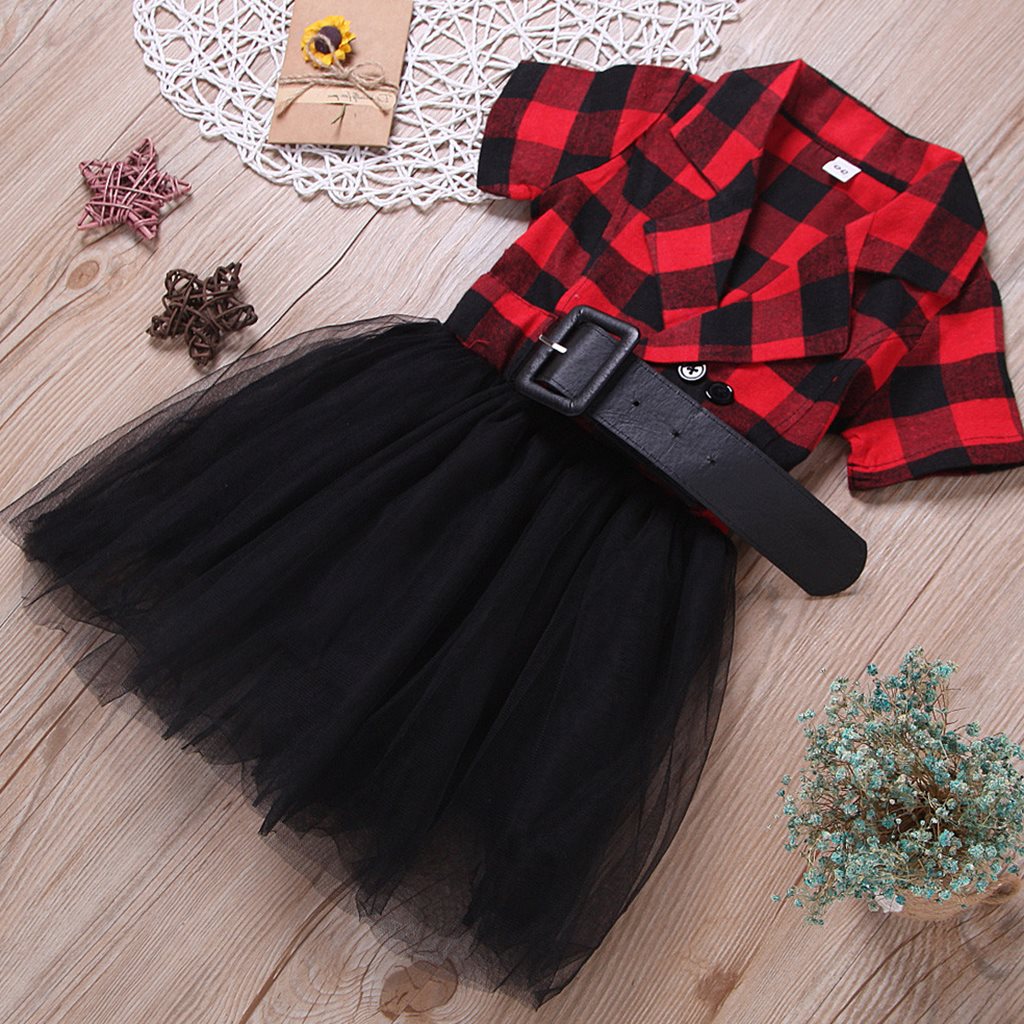 Elegant red and black checkered baby dress for girls, cotton fabric, suitable for ages 18 months to 12 years.