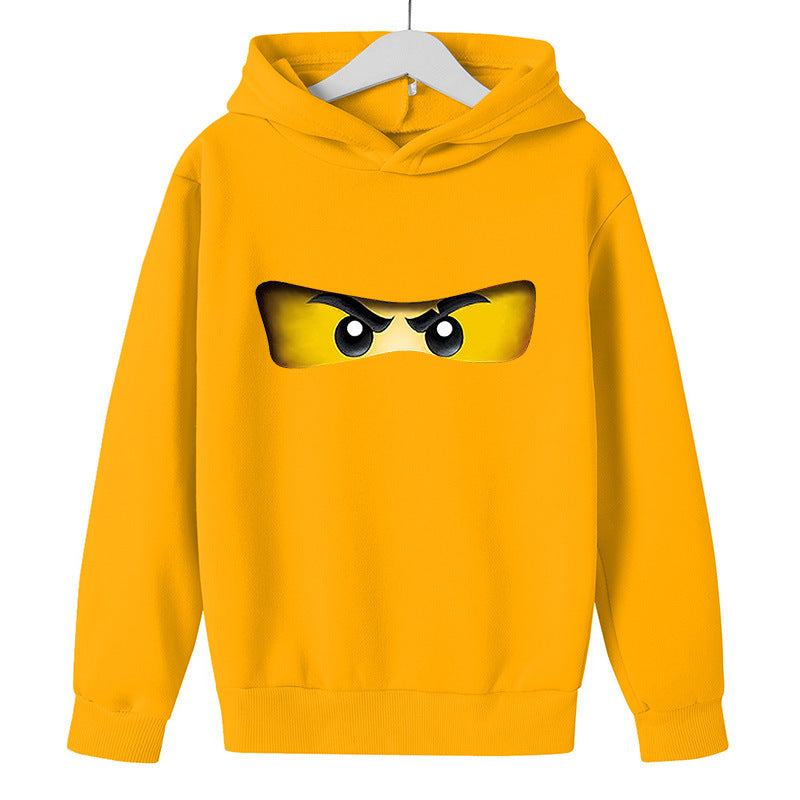 Yellow kids fleece pullover with fun sports print and long sleeves.