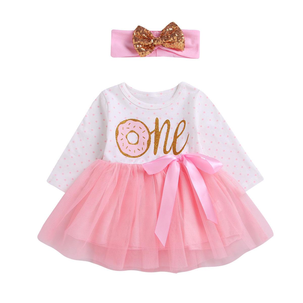 Pink "One" Birthday Dress with Net Yarn Skirt and Headband for Girls