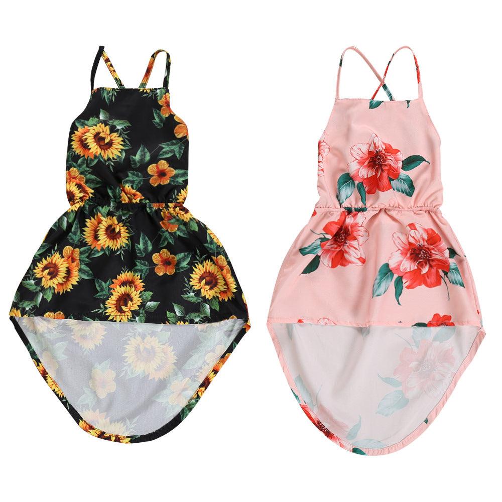 Girls floral sundress with sleeveless design featuring colorful flower pattern and irregular skirt style.