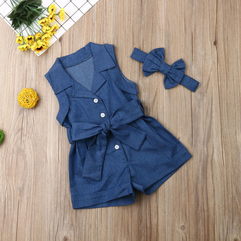 Girls casual sleeveless denim romper with matching bow headband, suitable for infants, spring and summer wear.