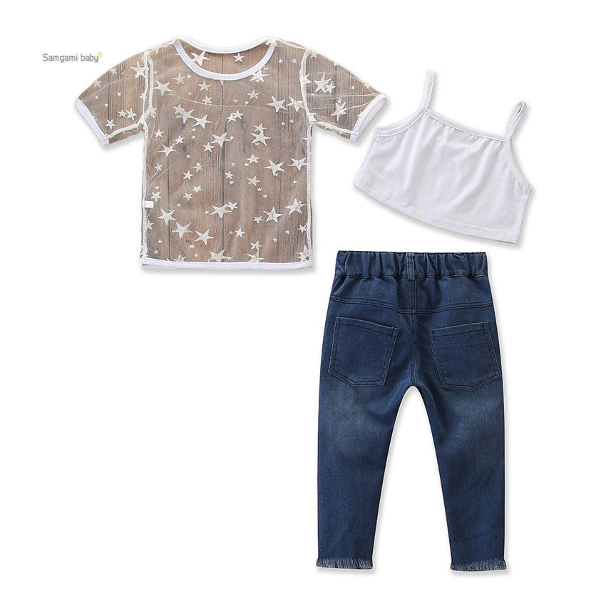 Toddler Girls Short Sleeve Star T-shirt Tops Hole Denim Pearl Jeans Set