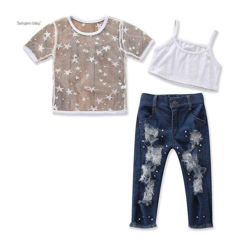 Toddler Girls Short Sleeve Star T-shirt Tops Hole Denim Pearl Jeans Set