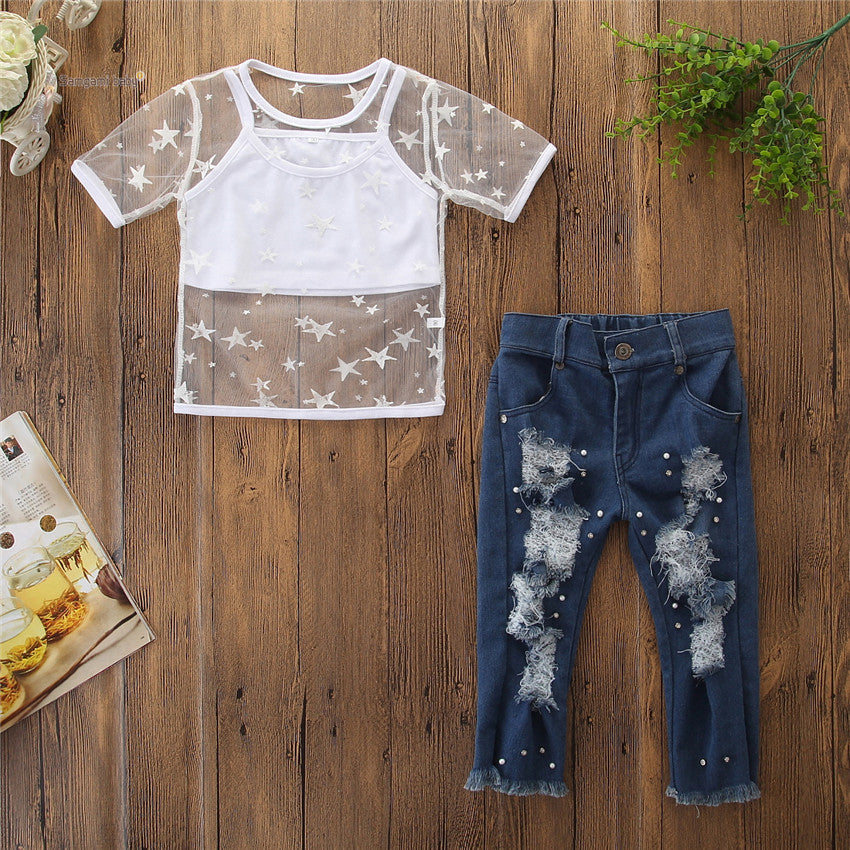 Toddler Girls Short Sleeve Star T-shirt Tops Hole Denim Pearl Jeans Set