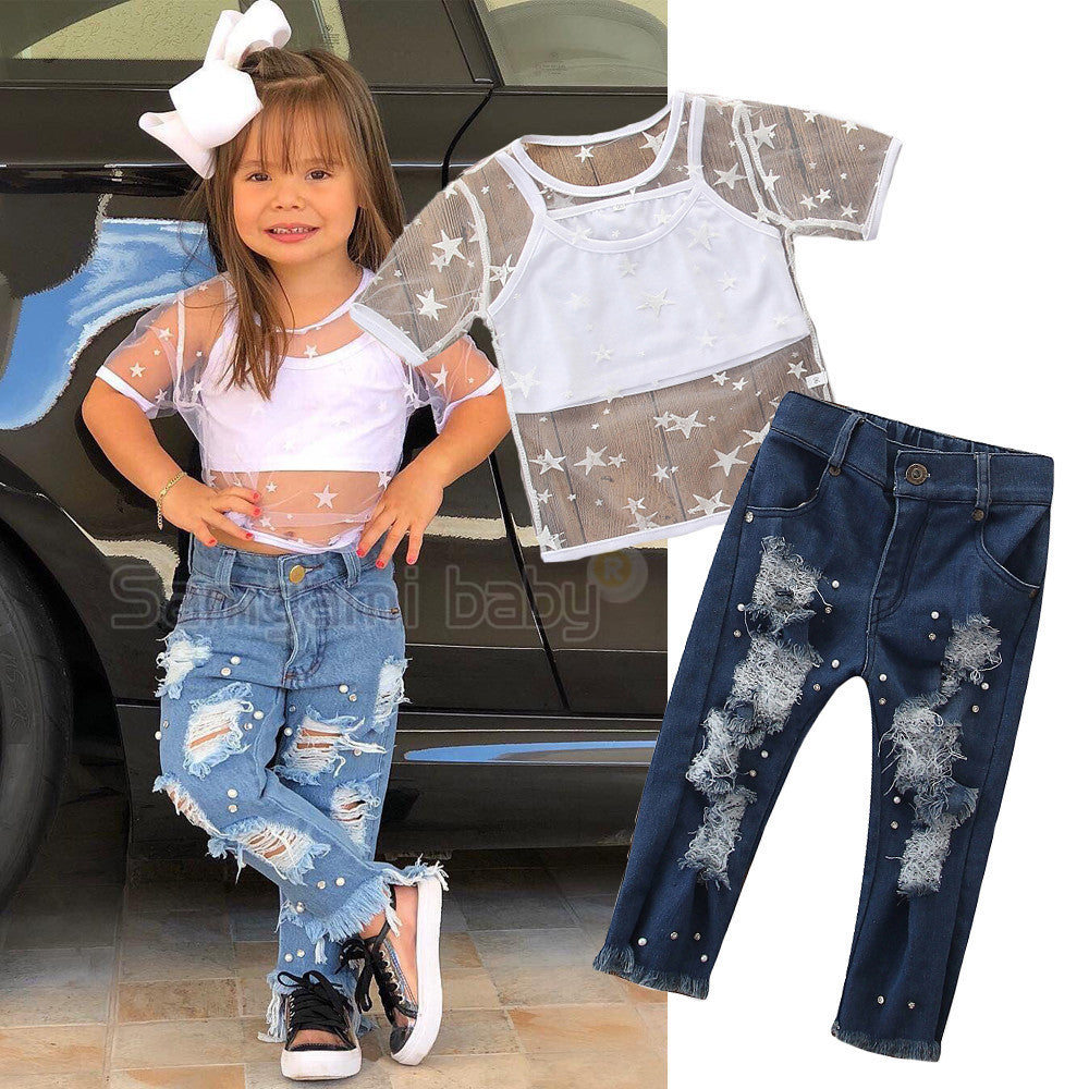 Toddler Girls Short Sleeve Star T-shirt Tops Hole Denim Pearl Jeans Set