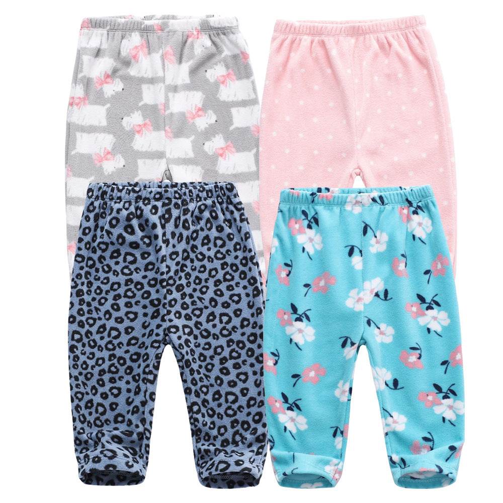 Colorful baby pants assortment with animal, floral, and pattern designs for newborns.