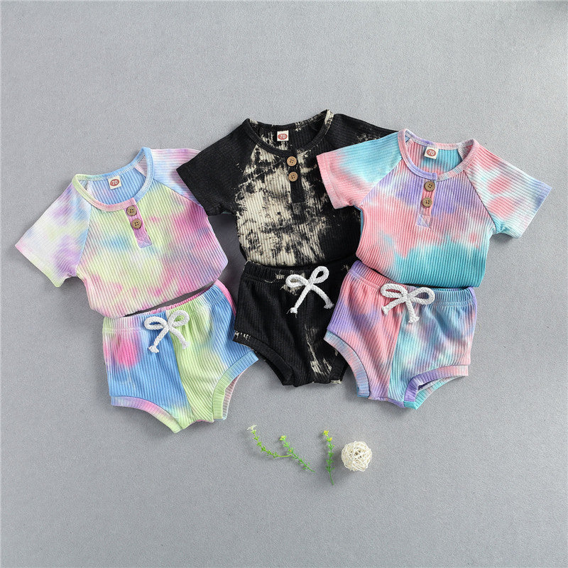 Baby summer tie-dyed set with long sleeves and shorts for children aged 6M to 24M in vibrant colors.
