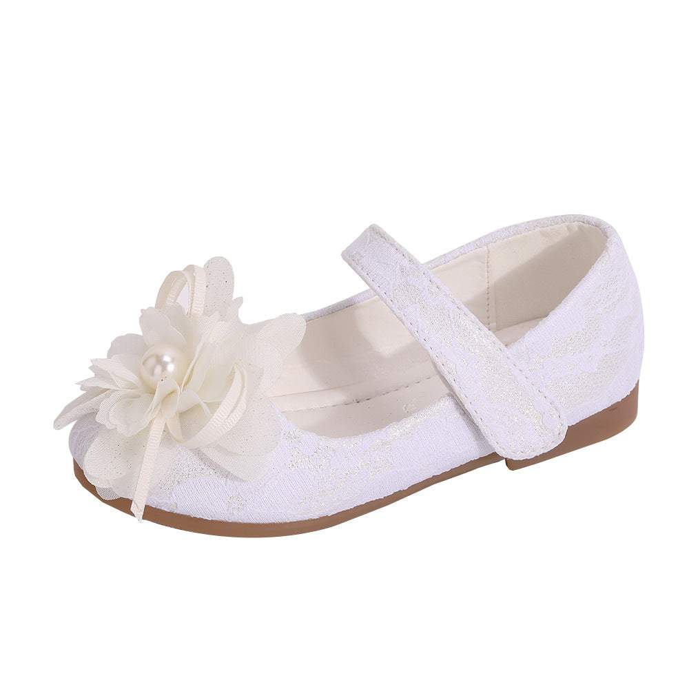 White girls flower dress shoe with microfiber leather upper, flower pattern, and Velcro strap.