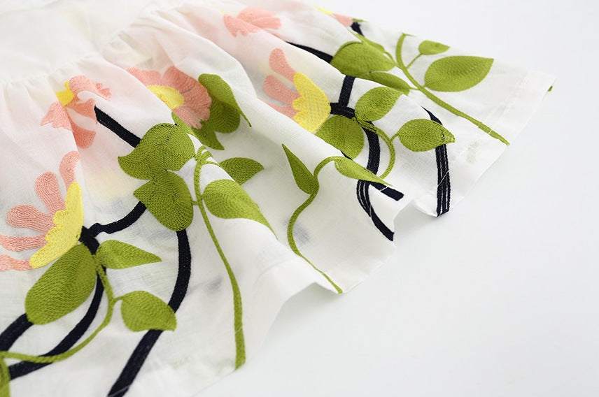 Girls Exquisite Embroidered Dress Cotton V-Neck