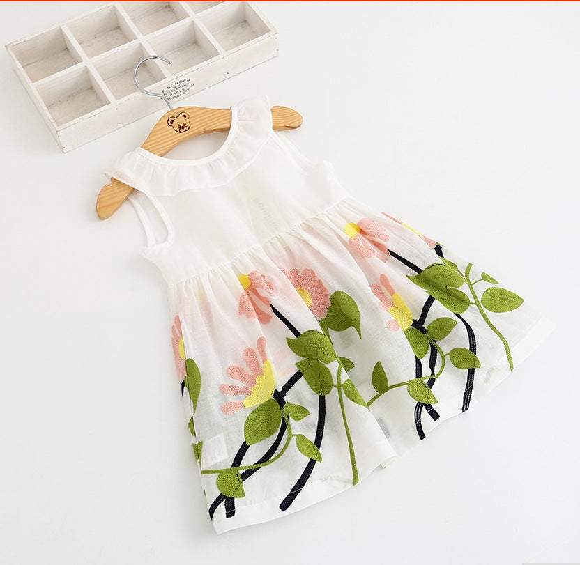Girls exquisite embroidered sleeveless cotton dress with floral pattern and pleated skirt for summer.