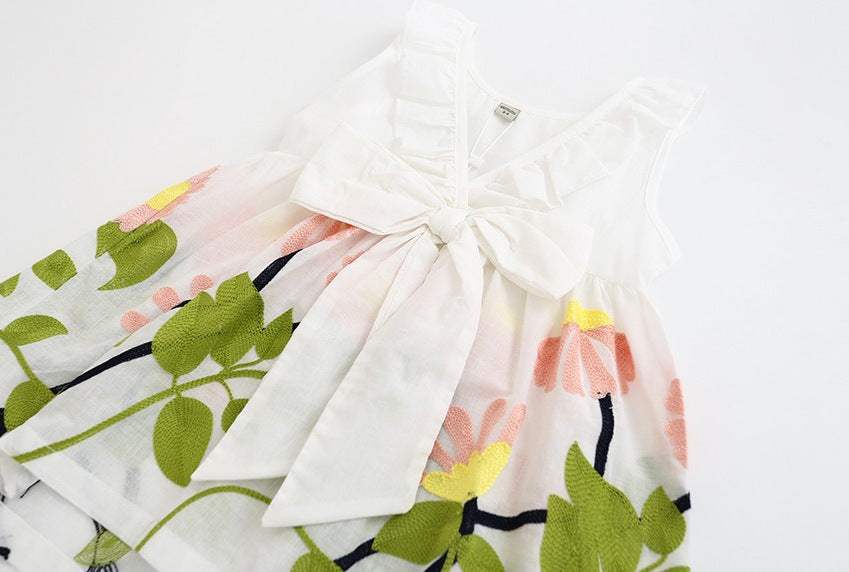 Girls Exquisite Embroidered Dress Cotton V-Neck