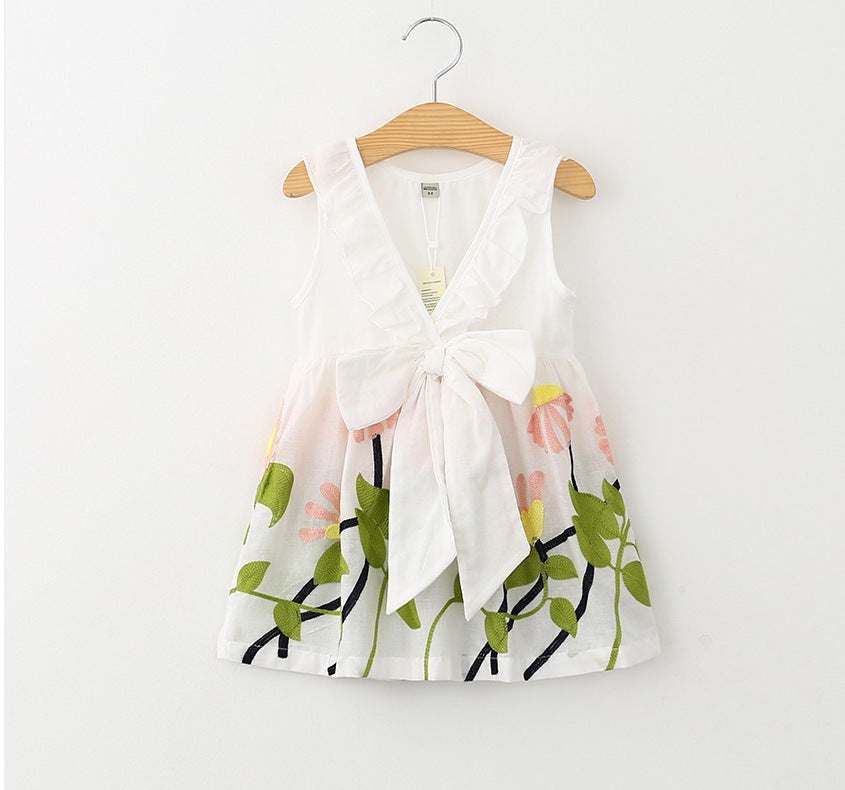 Girls Exquisite Embroidered Dress Cotton V-Neck