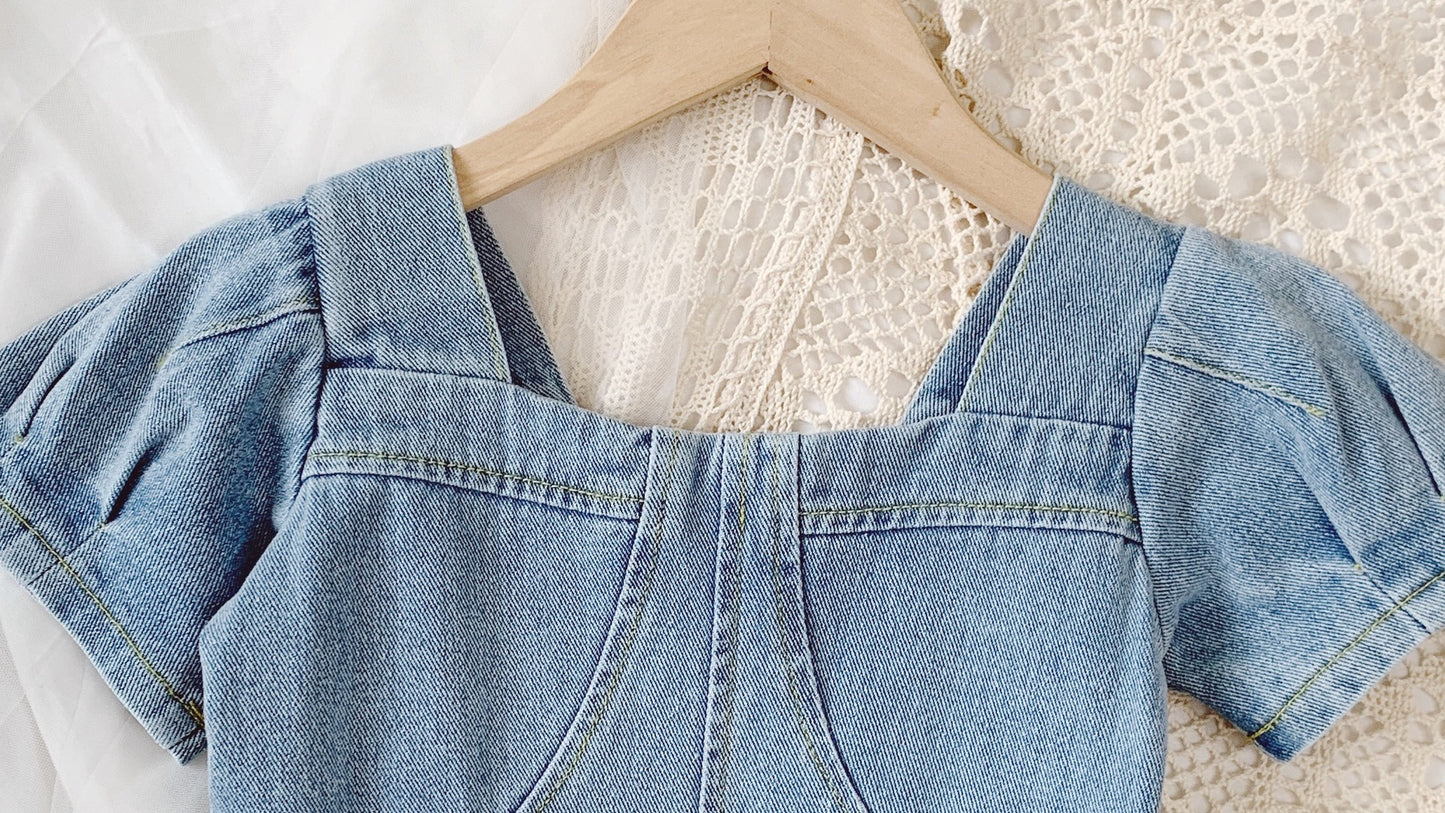 Girls Fashion Square Collar Denim Skirt