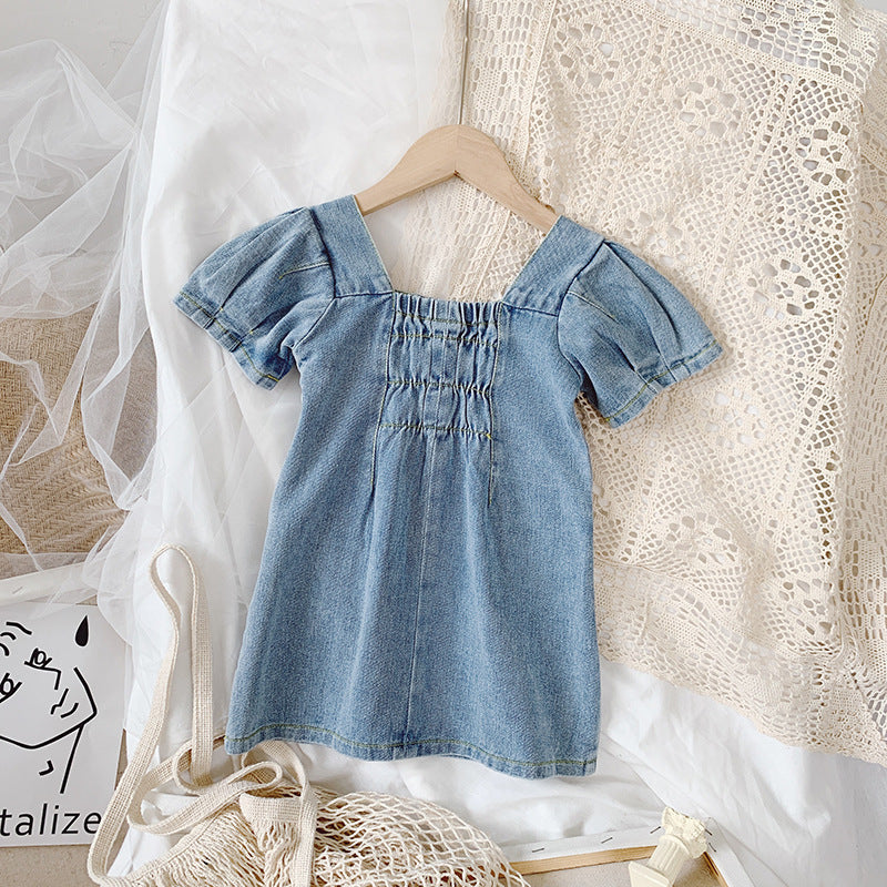 Girls fashion denim skirt with square collar, ideal for summer wear for children aged 3-8.