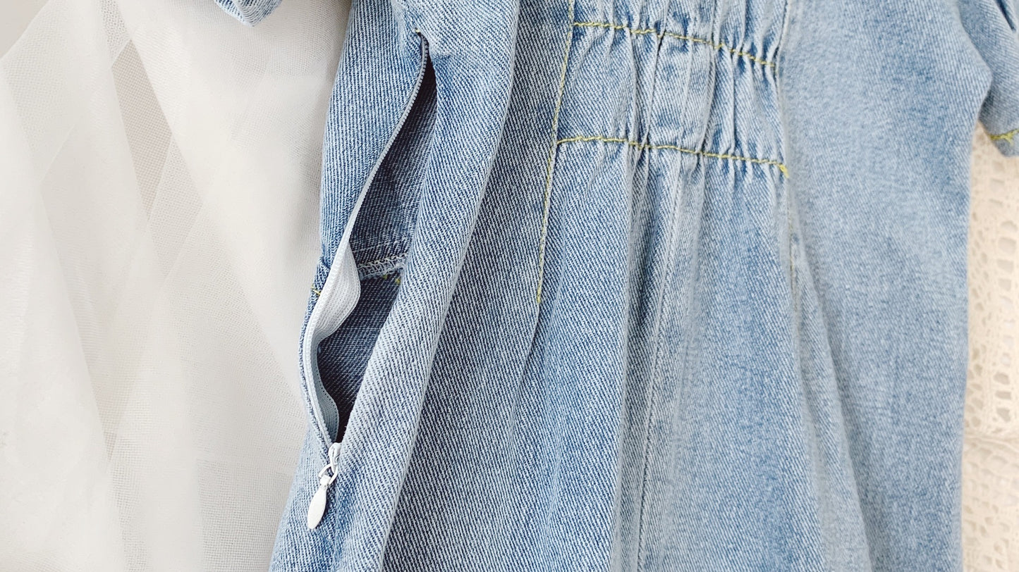 Girls Fashion Square Collar Denim Skirt