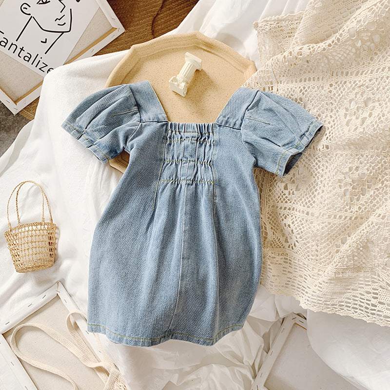 Girls Fashion Square Collar Denim Skirt