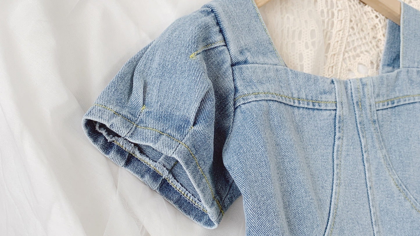 Girls Fashion Square Collar Denim Skirt