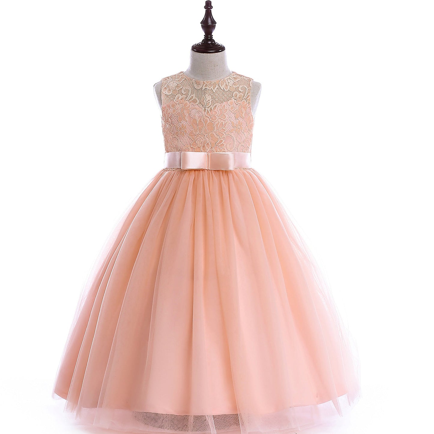 European and American style lace evening dress for big kids, featuring a full pettiskirt and ribbon waist.