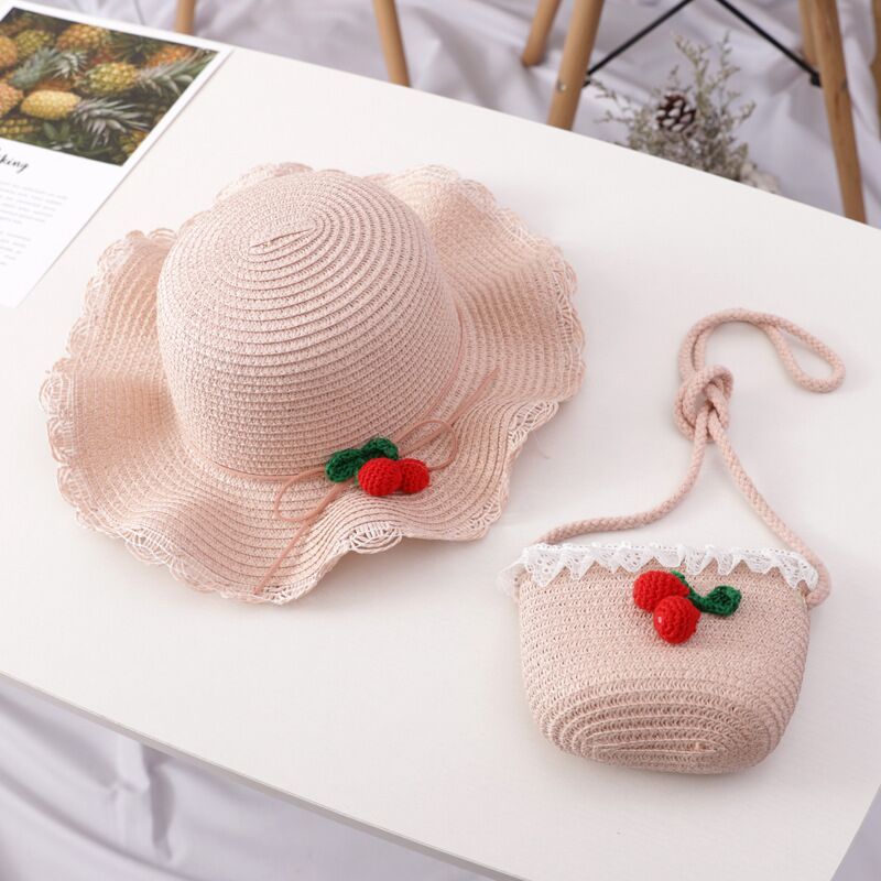 Girls Cherry Straw Hat Bag Set