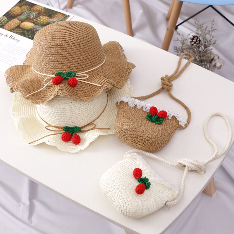 Girls cherry straw hat and bag set with curled edge, available in khaki, cream white, beige, and pink.