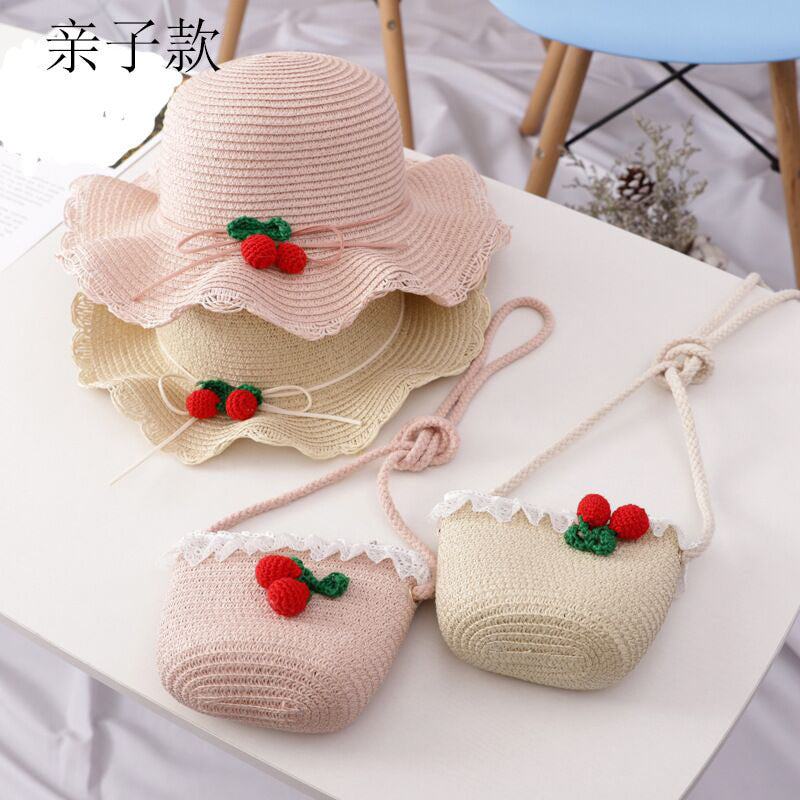 Girls Cherry Straw Hat Bag Set