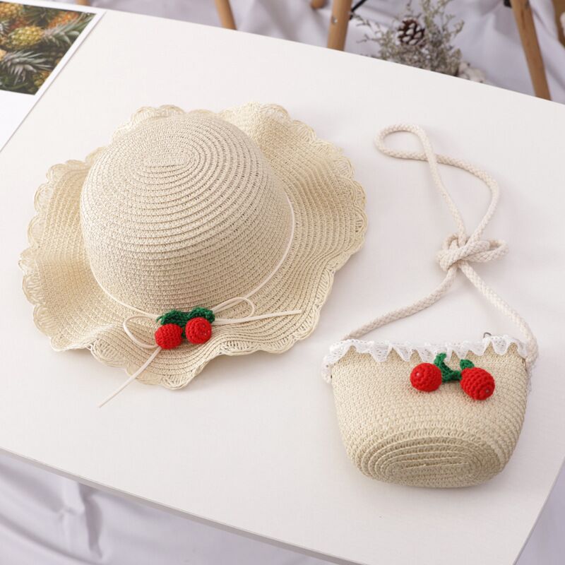 Girls Cherry Straw Hat Bag Set