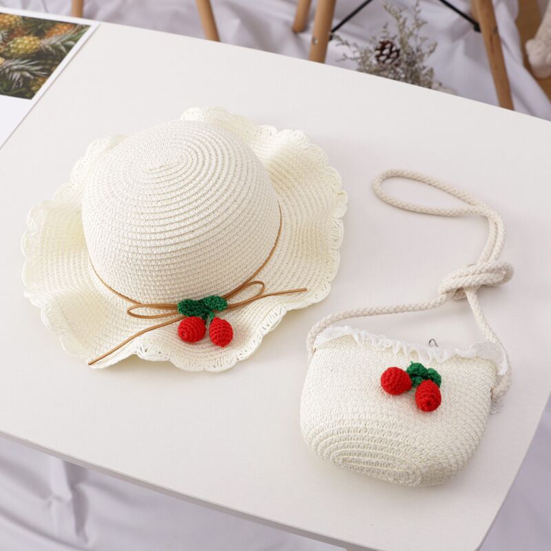 Girls Cherry Straw Hat Bag Set