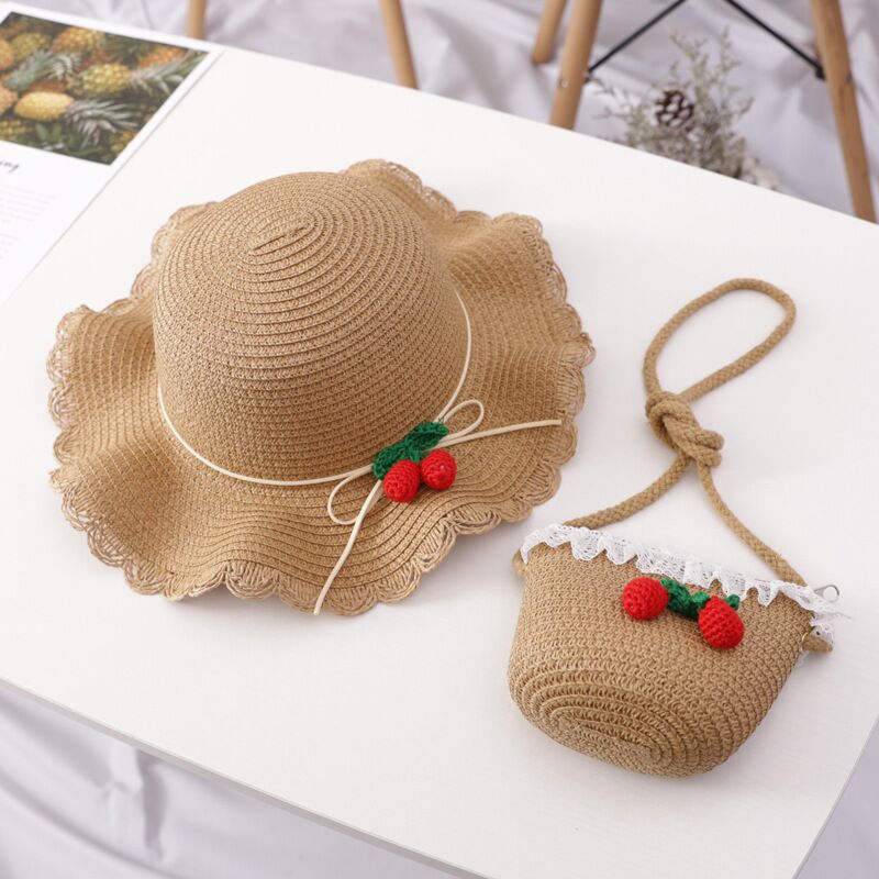 Girls Cherry Straw Hat Bag Set