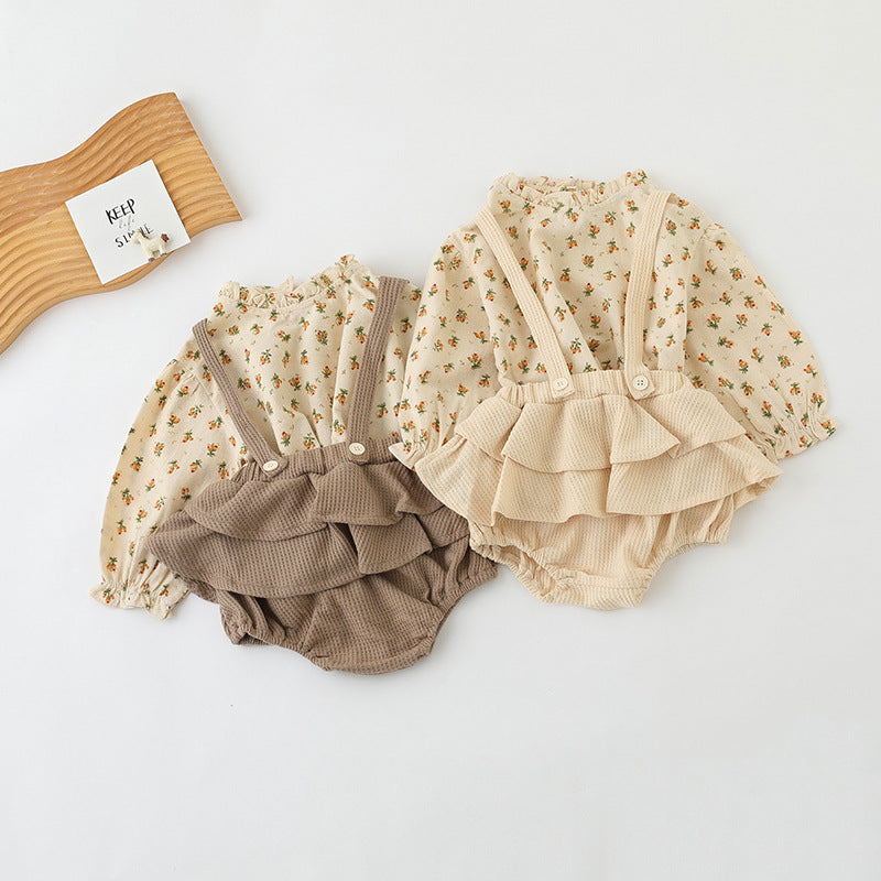 Infant floral baby girl top suspender dress pants set in apricot and coffee colors.