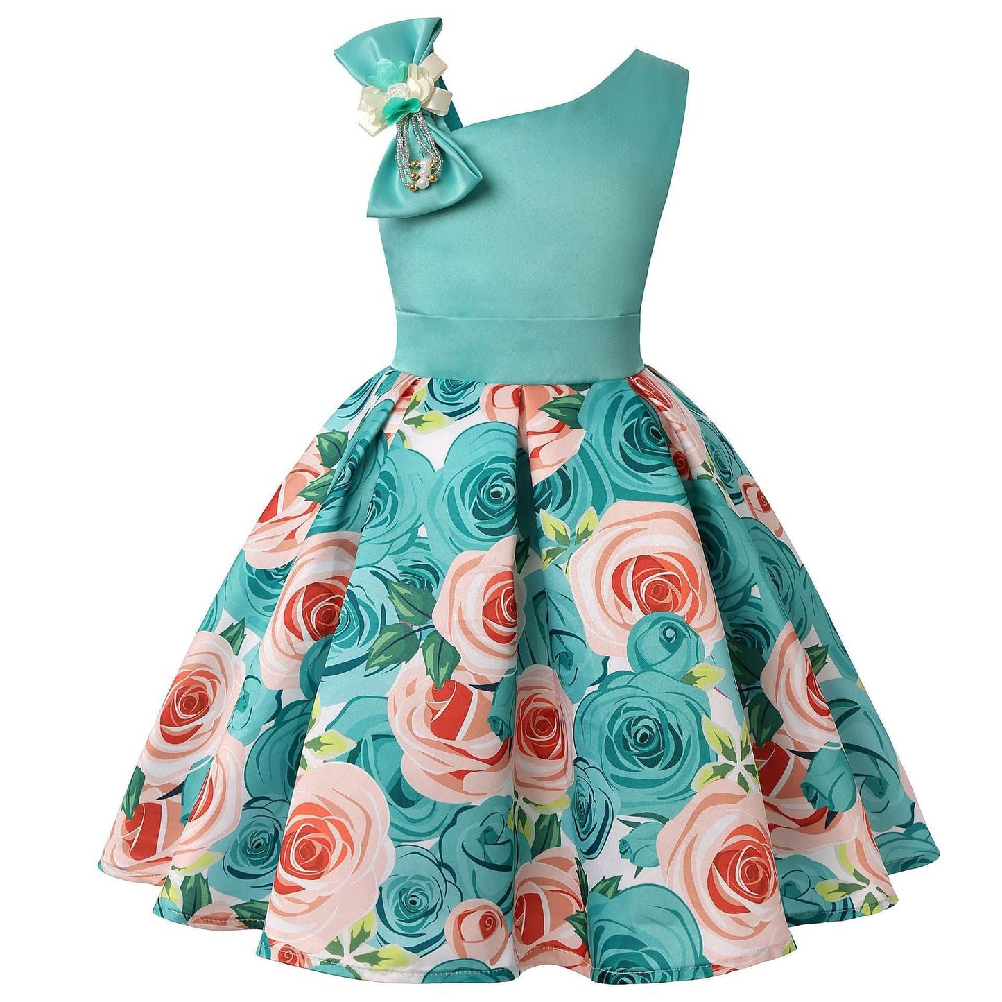 Girls Bow One Sleeve Floral Dress