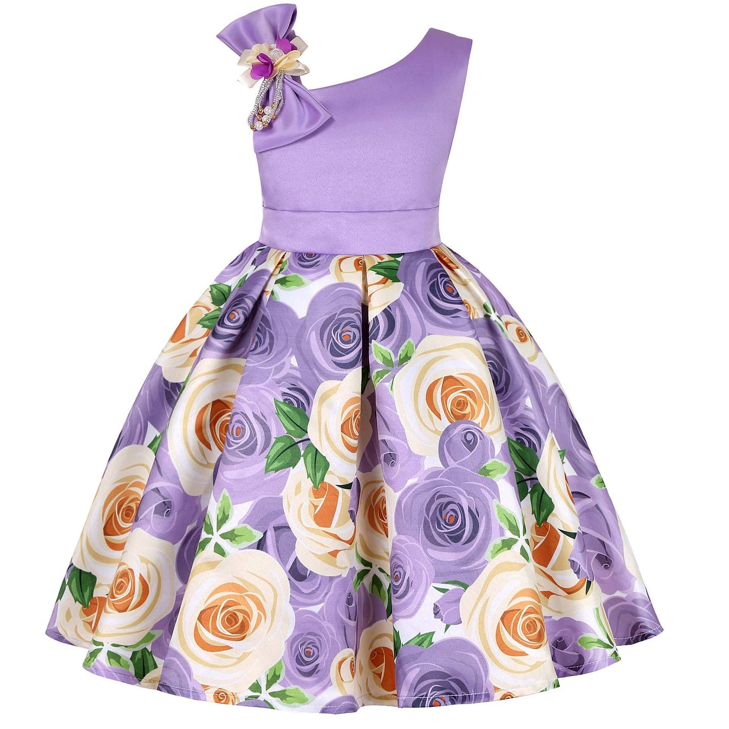 Girls Bow One Sleeve Floral Dress