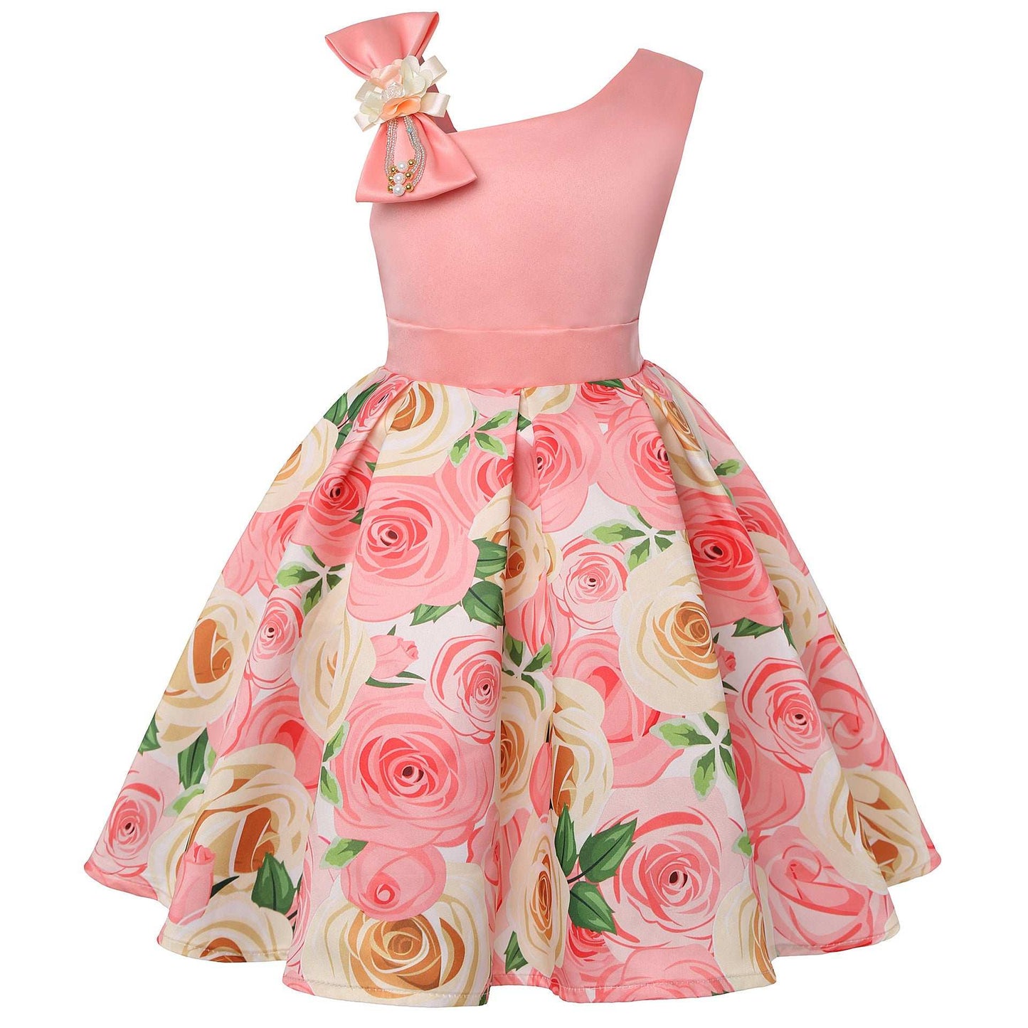 Girls Bow One Sleeve Floral Dress