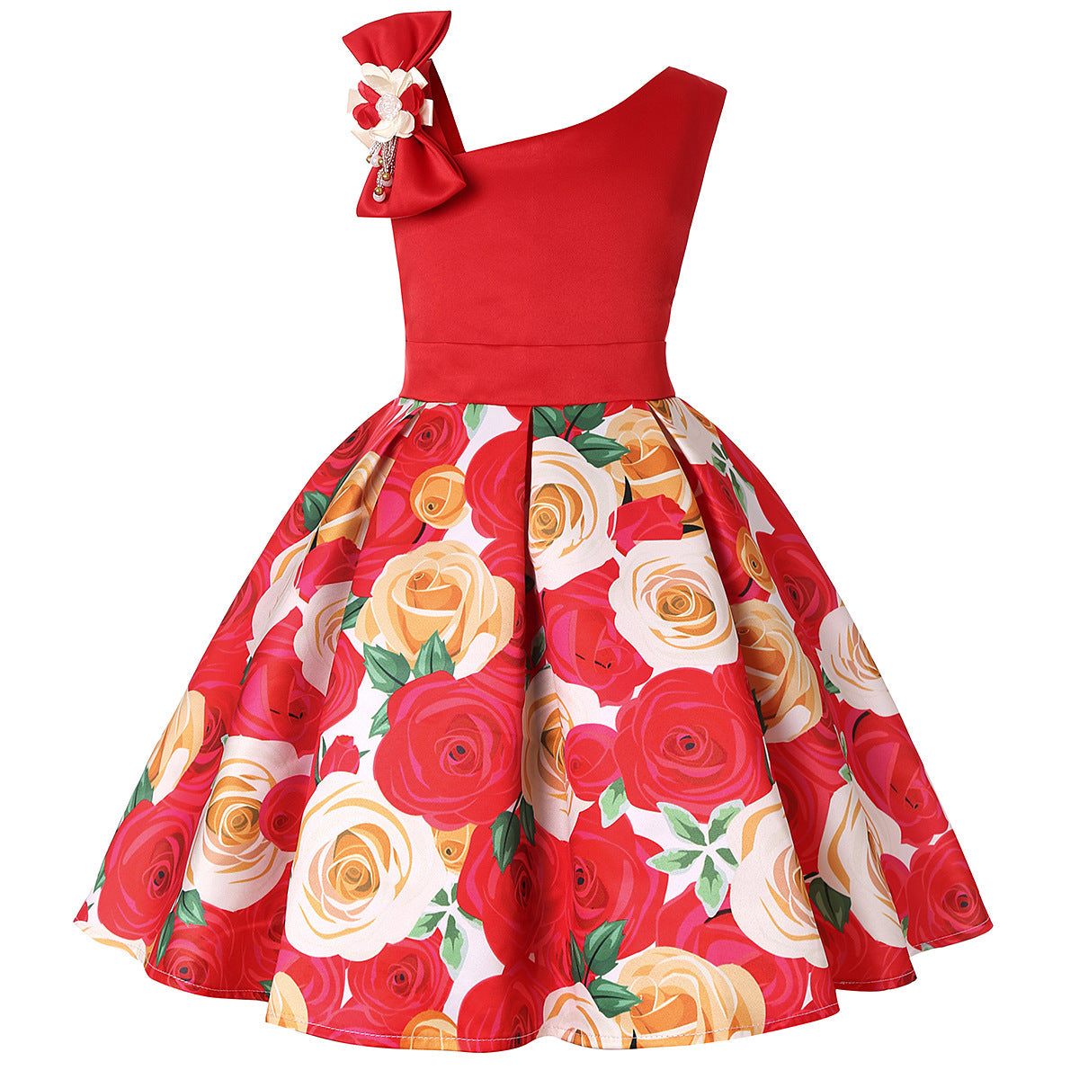 Girls Bow One Sleeve Floral Dress