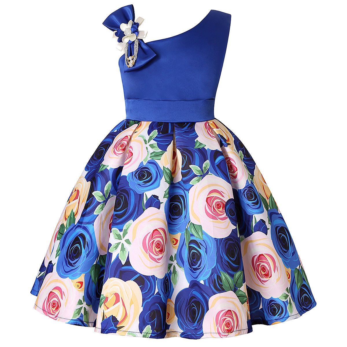 Girls Bow One Sleeve Floral Dress