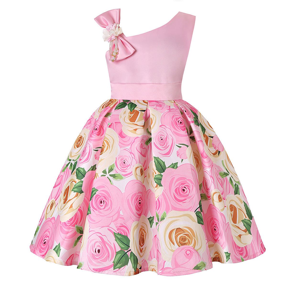 Girls Bow One Sleeve Floral Dress