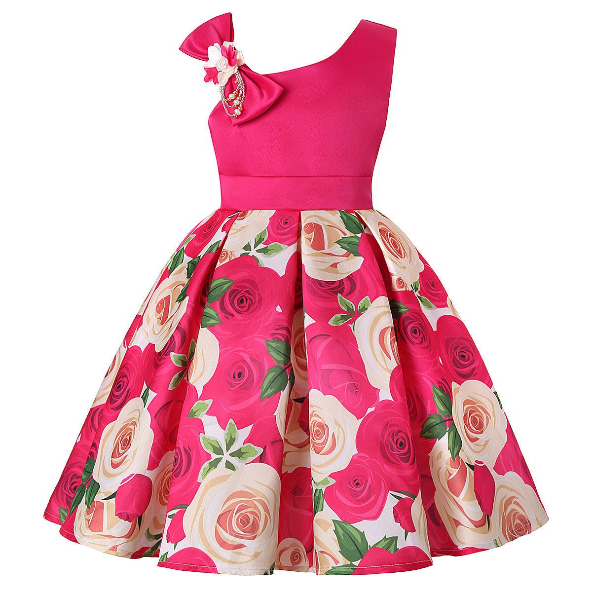 Girls Bow One Sleeve Floral Dress