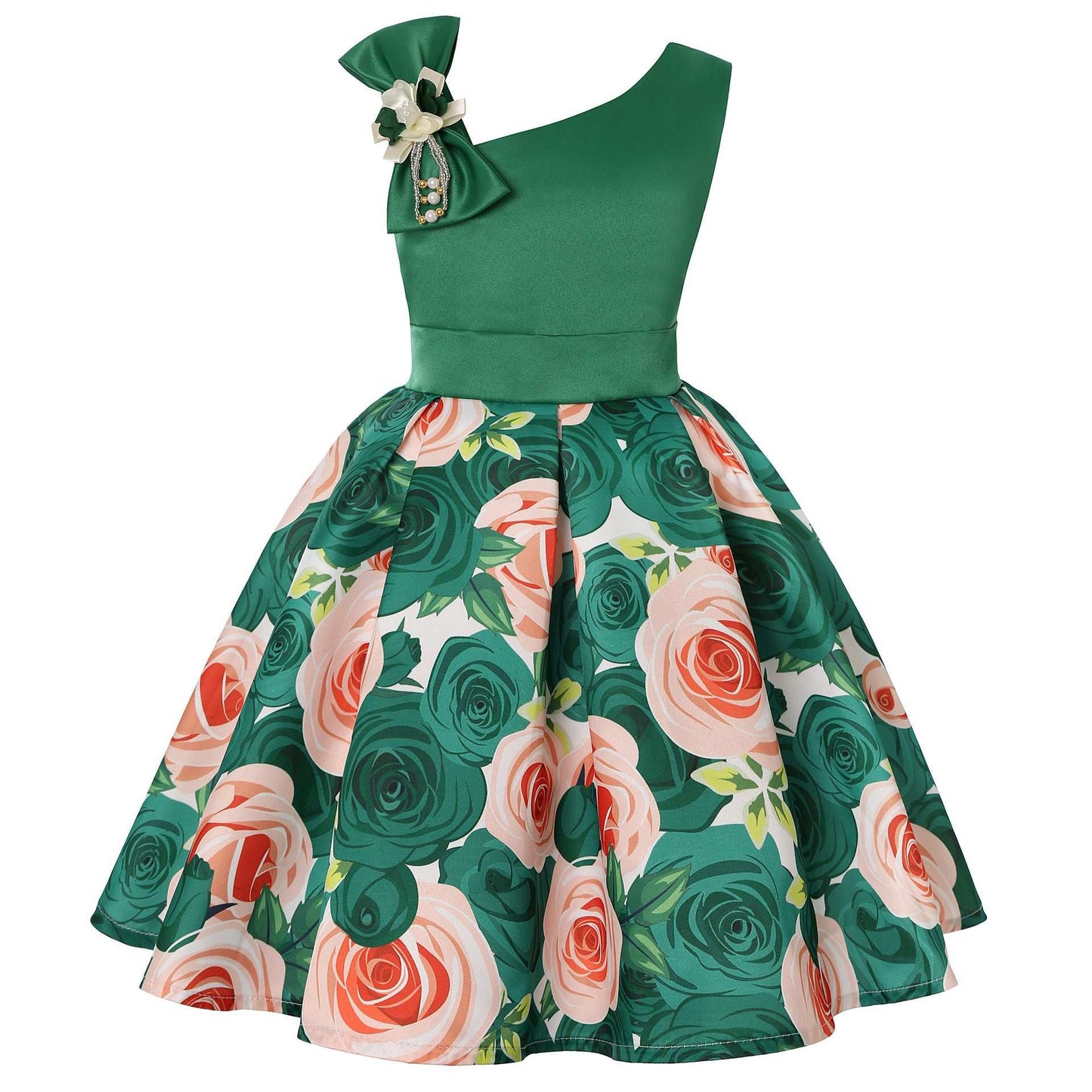 Girls Bow One Sleeve Floral Dress