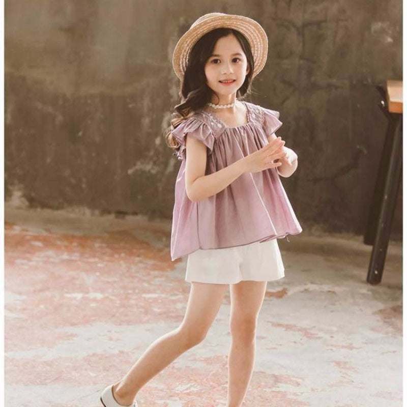 Girls Summer Fashionable Western Style Short-Sleeved Two-Piece Set