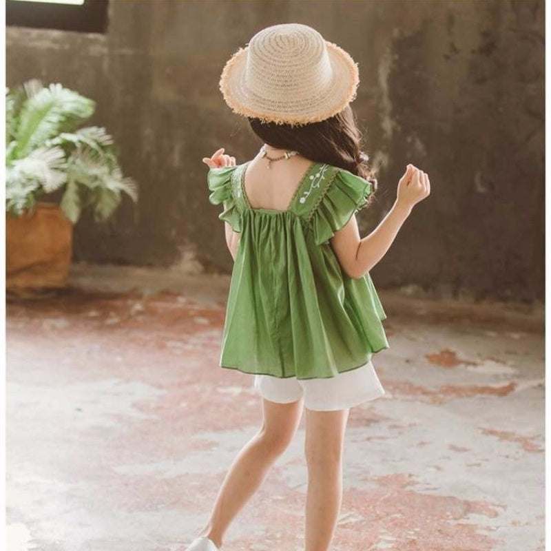 Girls Summer Fashionable Western Style Short-Sleeved Two-Piece Set