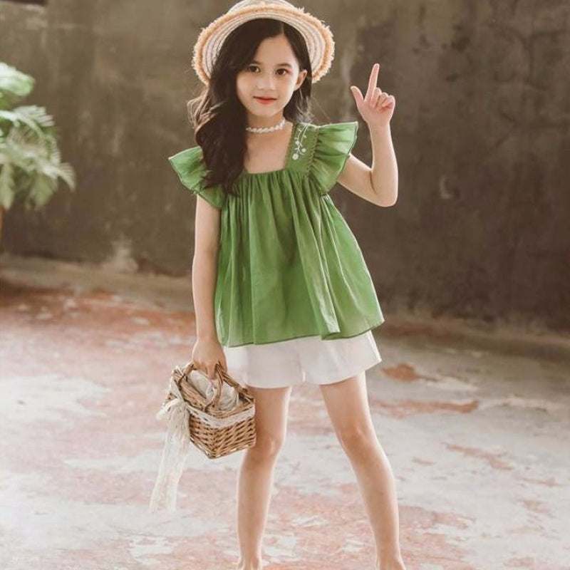 Girls Summer Fashionable Western Style Short-Sleeved Two-Piece Set
