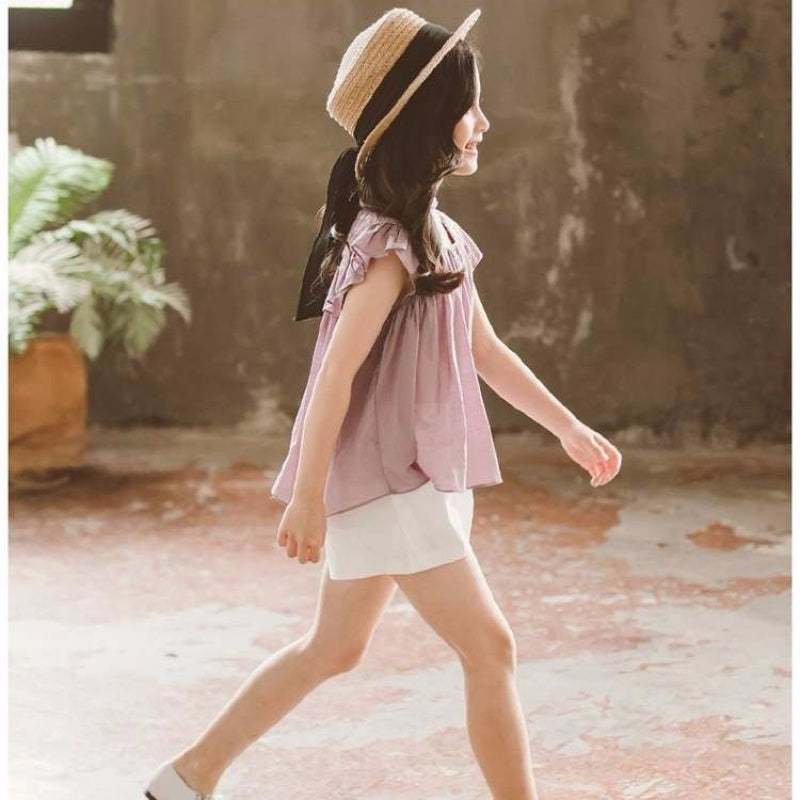 Girls Summer Fashionable Western Style Short-Sleeved Two-Piece Set
